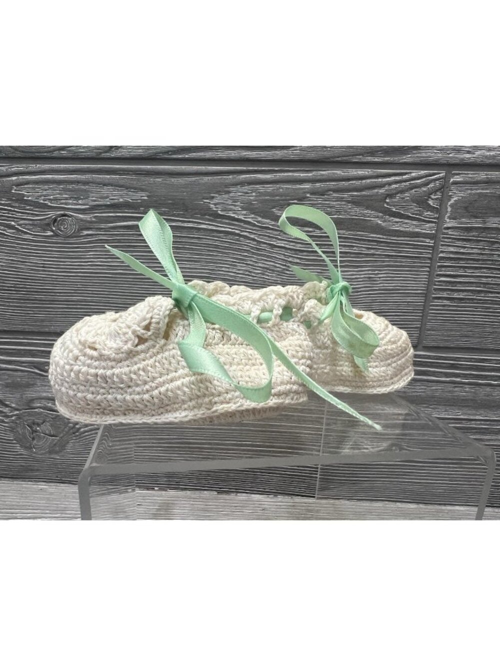 Vintage Handmade Crochet Newborn Baby Booties with Ribbon 3.5” READ